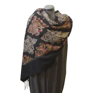 Black Embroidered Floral Shawl Fringe Cottagecore Boho Wrap NWOT 74"